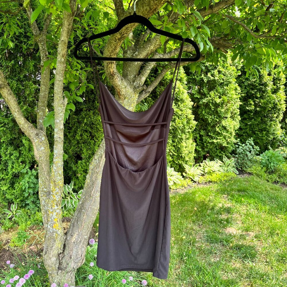 Black Cowl Neck Mini Dress – Open Strappy Back - Picture 2 of 7